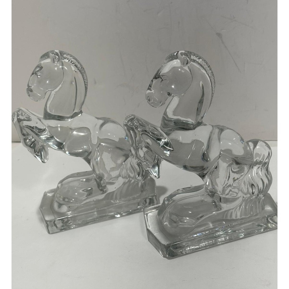 Vintage Clear Glass Pair of 8" HEAVY Rearing Horse Bookends - Picture 3 of 11